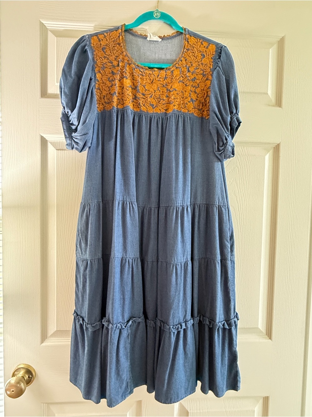 Denim Tiered Dress with Embroidered Yoke
